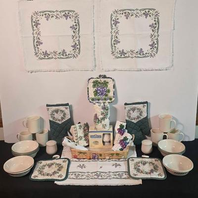 PFALTZGRAFF & FRANKO Grapevine Linens, CORELLE & CORNING Dishes, ENESCO 2001 Salt & Pepper, Basket