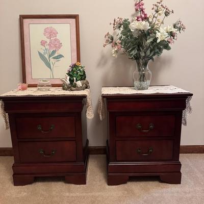 Two Drawers Cherry Wood Night Stands With Decor 