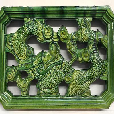Chinese Sancai Ceramic Art Wall Panel, Dragon Motif