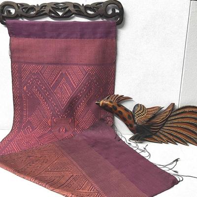 Ock Pop Tok Laotian Silk Runner with Carved Wood Hanger and Rooster Carving