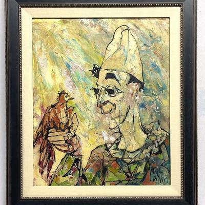 “Clown Holding A Bird” Original Oil on Board by Pierre Catton, Framed