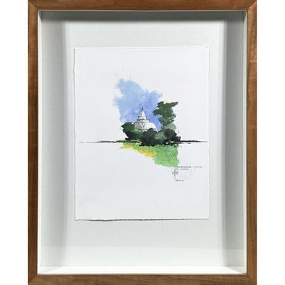 Ink & Watercolor Painting Of Tisssamaharama Stupa, Sri Lanka | In shades of green, white, yellow and blue Signed lower right. Shadow...