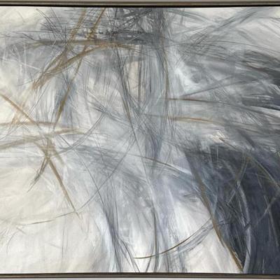 KELLY O’NEAL (American, b. 1962), OIL ON CANVAS | Oversized abstract oil painting of a misty scene with sweeping brushwork in soft grays,...