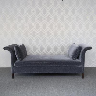 LEE INDUSTRIES DAYBED | In "Jacque Coal" velvet striated fabric with pecan finish to the tapering legs, with outward scrolled...