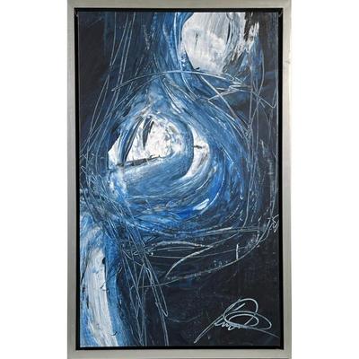 Attr. Kelly O'Neal, (American, b. 1962) Contemporary Dark Blue Giclee Abstract Painting | Swirls of shades of blue and white mounted...
