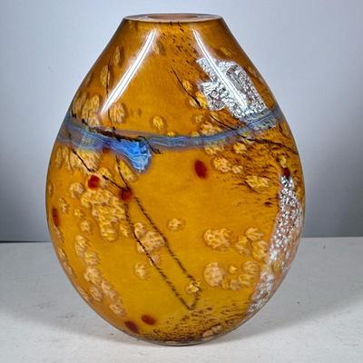 SIGNED STUDIO ART GLASS VASE | Organic teardrop-form colorful art glass vase with a warm amber ground, signed on bottom - h. 13 x w. 10 x...