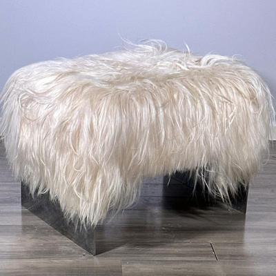 MODERN FAUX FUR & METAL OTTOMAN / FOOTSTOOL | Chic modern ottoman or foot rest with white faux fur upholstery over a sleek metal base...
