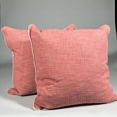 (2pc) Matching Coral And Beige Throw Pillows | These pillows are pliable. Coral is of a soft burlap type material with cotton backing....