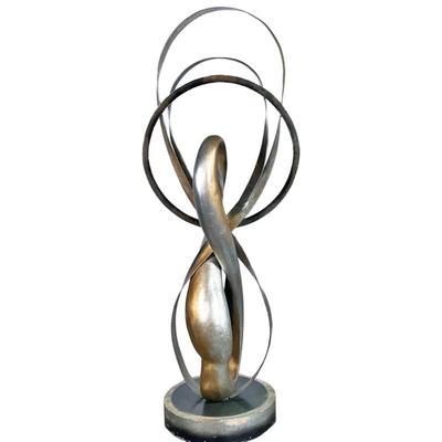 LARGE CONTEMPORARY ABSTRACT METAL & WOOD SCULPTURE | Floor sculpture with intertwining figure-8 metal and wood structures, with...