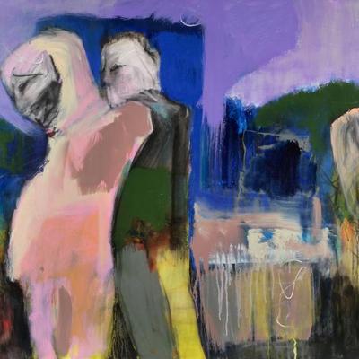 LARGE COLORFUL ABSTRACT SCENE | Mixed media on canvas, possibly giclee. Expressive contemporary abstract painting with bold colors and...