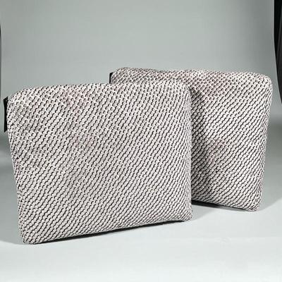 (2pc) Gray Velour Matching Throw Pillows | A pair of rectangular patterned black and gray black zippered cushions with subtle woven...