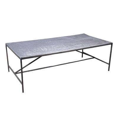 Industrial Style Metal Top Coffee Table | Industrial modern rectangular coffee table with hammered snakeskin surface top and black iron...