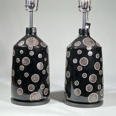 Pair of Contemporary Tall Black Ceramic Table Lamps | Pair of tall black ceramic lamps with polished black finish and decorated with...