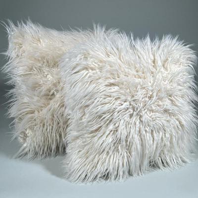 (2pc) Faux Fur Square Matching Throw Pillows | Of ivory color. Zipper and duck feathers/polyester fiber filling. Brand new. - h. 18 x w....