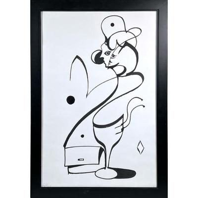 Picasso Style Black & White Contemporary Painting | Whimsical black line art of two intertwined figures Pencil signed lower left - h....