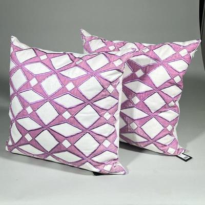 (2pc) White And Lavender Throw Pillows | With diamond and square pattern. Purple design is velour. Hidden zipper. - h. 20 x w. 20 in

