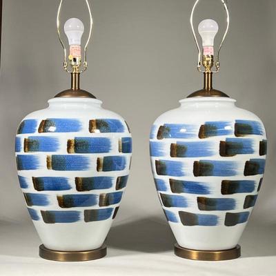 (2pc) Pair Currey & Company Large Ceramic Brushstroke Table Lamps | Ceramic urn form table lamps glazed in white with blue and brown...