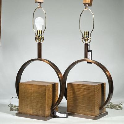 (2pc) Pair Keno Large Geometric Contemporary Table Lamps | Mahogany finished square blocks within bronze finished circles on a matching...