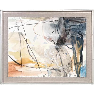 Contemporary Abstract Watercolor on Paper | Deep Autumn Leaves II. In the shades of peach, black and blues on white paper with rough...