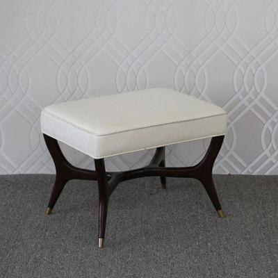 KENO BROSE MID-CENTURY STYLE OTTOMAN WITH UPHOLSTERED TOP | Upholstered stool or foot rest designed by Keno Brose, raised on angular...