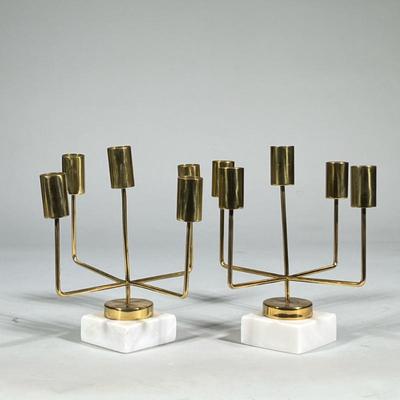 (2pc) Pair Modern Brass Candle Holders | Pair of sculptural brass candelabra, each with five cylindrical holders on a square marble base,...