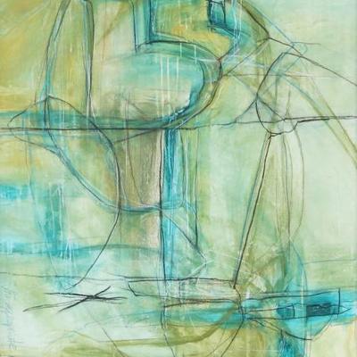 SIGNED ABSTRACT GICLEE PRINT | The Appropriate Boxes. Abstract composition in green, yellow, and blue tones. Giclee on canvas. 60 x 36...