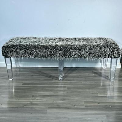 Modern Faux Fur Top Acrylic Bench | Modern chic bench with clear acrylic legs and upholstered faux fur seat in neutral tones - h. 20 x w....