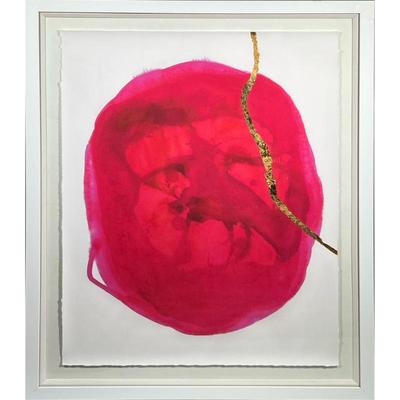 ZOE BIOS CREATIVE / "BLUSH MOON" | Contemporary mixed media on paper. Gold gilt streak of paint over large magenta sphere,...
