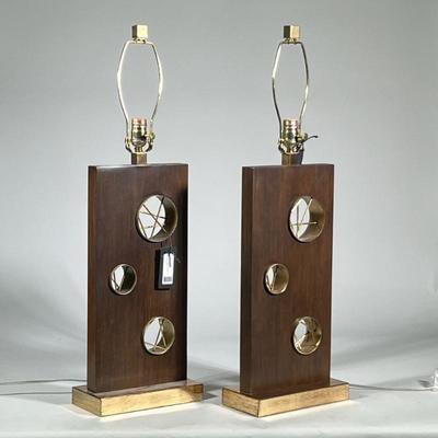 (2pc) Pair Tall Wooden Modern Table Lamps | Mid-century modern cut-out table lamps, each having a rectangular body with 3 circular metal...