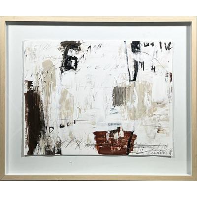 Abstract Contemporary Mixed Media Painting | Framed abstract mixed media work in shades of white, brown, taupe and black on paper mounted...