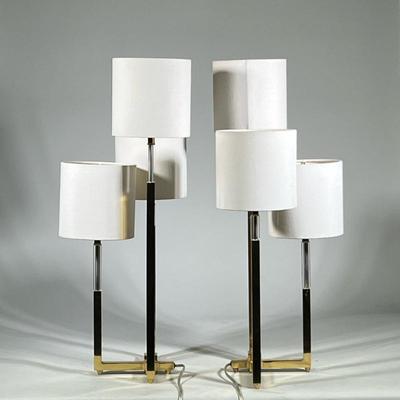 (2pc) Pair Contemporary Brass Table Lamps With Three Shades | Gold-toned brass bases with acrylic accents and linen shades. - h. 30 x w....
