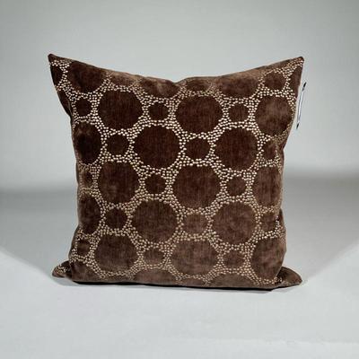 Brown Velvet Square Decorative Pillow | Gold thread patterns create circles on 100% cotton case. Back material is shiny. Duck feather...