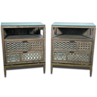(2pc) PAIR MR. BROWN LONDON BEDSIDE TABLES | Pair of nightstands side tables from Mr. Brown London, having open shelves over two mirrored...