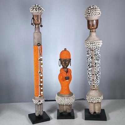 (3pc) MooMoo Designs Cowrie Shell & Bead Statues | A set of three contemporary decorative statues by MooMoo Designs, each featuring...