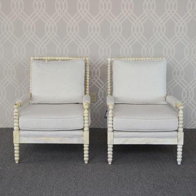 (2pc) Upholstered Neal Armchairs with Carved Frames | Elegant pair of upholstered armchairs by Neal, featuring light neutral fabric with...