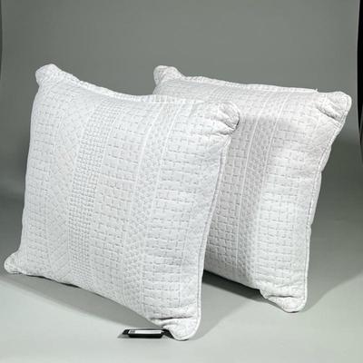 (2pc) White Patterned Throw Pillows | Set of two square throw pillows in crisp white fabric with subtle geometric texture, cotton blend...