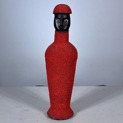 Beaded African-Style Figure | Handcrafted statue in a folk art style, wrapped in vibrant red beads with carved wooden head and cap - h....