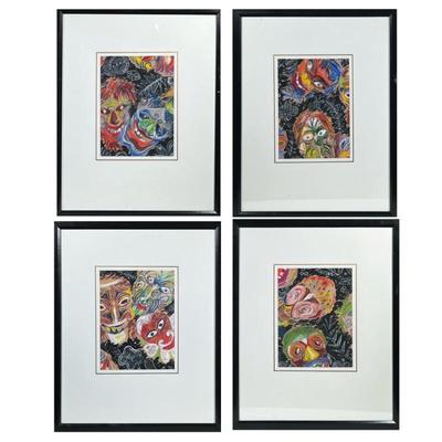 (4pc) Colorful Abstract Expressionist Mixed Media Pastels | A collection of “Faces” with vibrant colors, each featuring expressive...