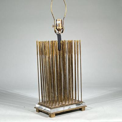 Modernist Brass Rod Table Lamp | An unusual oversized contemporary table lamp having gold / brass vertical rod design in a grid...