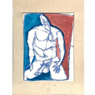 SIGNED PASTEL DRAWING OF SEATED MALE FIGURE | Abstract figure in red white and blue Figurative drawing in pastel depicting a seated nude,...