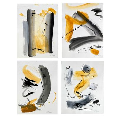 (4pc) L. SIMON ABSTRACT MIXED MEDIA PAINTINGS | Group of four contemporary mixed media abstract compositions, executed with bold strokes...