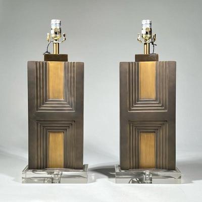 (2pc) Pair Huron Bronze Finish Table Lamps With Skyscraper H Design | Resin table lamps with brown bronze and antique brass finishes on...