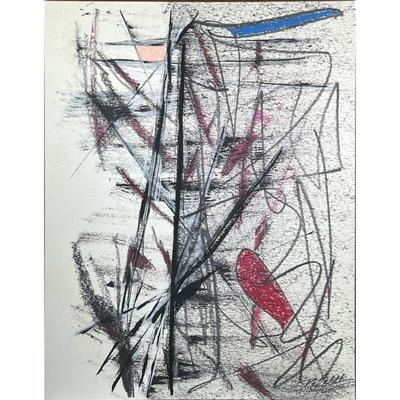 Extra Large Abstract Painting with Red, Black, and Blue Accents | In colors of black, red, gray and blue on linen canvas. Signed by...