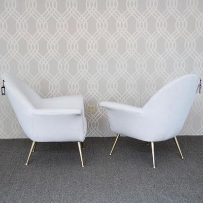 PRECEDENT "BARRETT" ARMCHAIRS WITH BRASS LEGS | Pair of upholstered armchairs with "Torchsong Pearl" fabric, having...