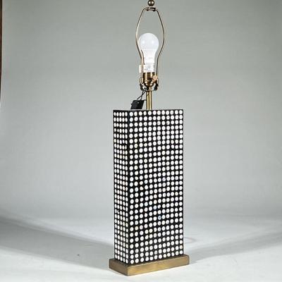 Contemporary Tall Black With White Polka Dot Table Lamp | Mother of Pearl style white dots on black rectangle body and brass finished...