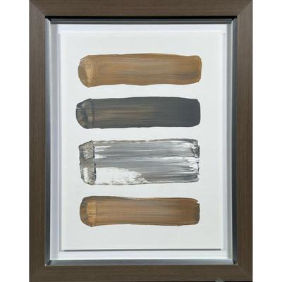 Abstract Contemporary Painting on Paper | Minimalist abstract painting with three bold horizontal brushstrokes in metallic gold, gray,...