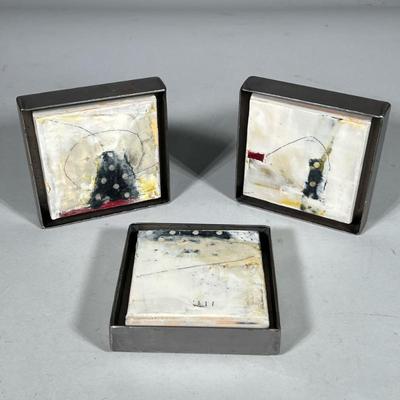 (3pc) SIGNED & FRAMED TILE ART | Set of 3 metal framed art decorated tiles, signed on back - w. 4.75 x l. 4.75 x d. 1 in

