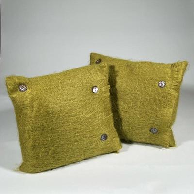 (2pc) Green Mohair Throw Pillows | A pair of square decorative pillows in textured green mohair, adorned with three mother of pearl type...