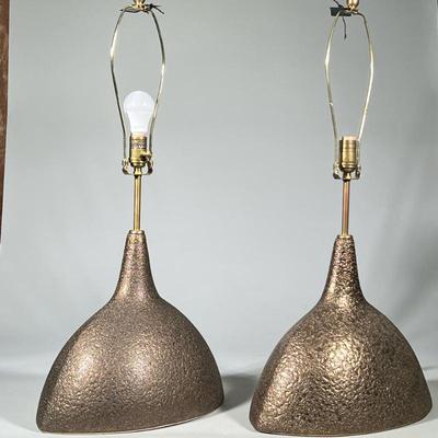 (2pc) Pair Oversized Contemporary Bronze “Fanny Lamps” | Large-scale contemporary table lamps with rough hammered bronze-tone finish,...