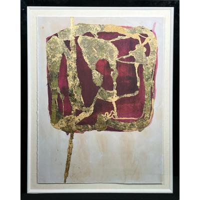 Large Abstract Mixed Media Print | Cherry Gold Gold gilt paint imposed on cranberry monoprint or other multiple. Titled on ZBC label on...